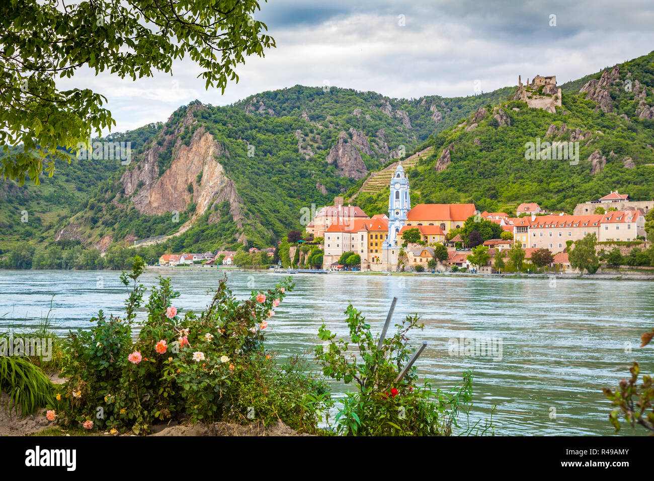 Beautiful landscape with the town of Durnstein and Danube river in the Wachau valley, Lower Austria Stock Photo