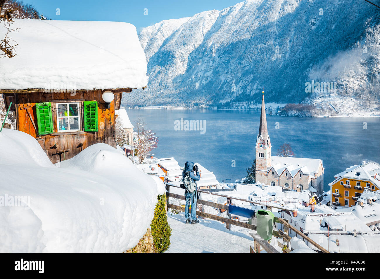 Panoramic view of the historic village of Hallstatt on a beautiful cold sunny day with blue sky and clouds in winter, Austria Stock Photo