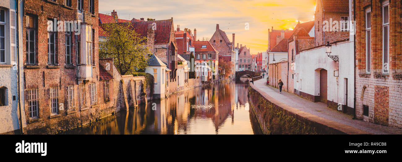 Panoramic view of the historic city center of Brugge in beautiful golden morning light at sunrise, province of West Flanders, Belgium Stock Photo