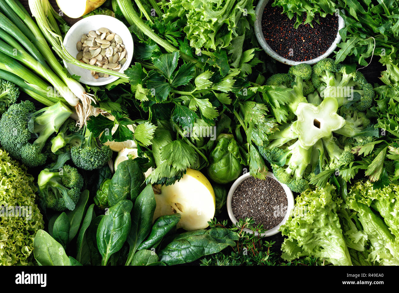 Healthy food ingredients background. Vegetables, fruit, superfood and
