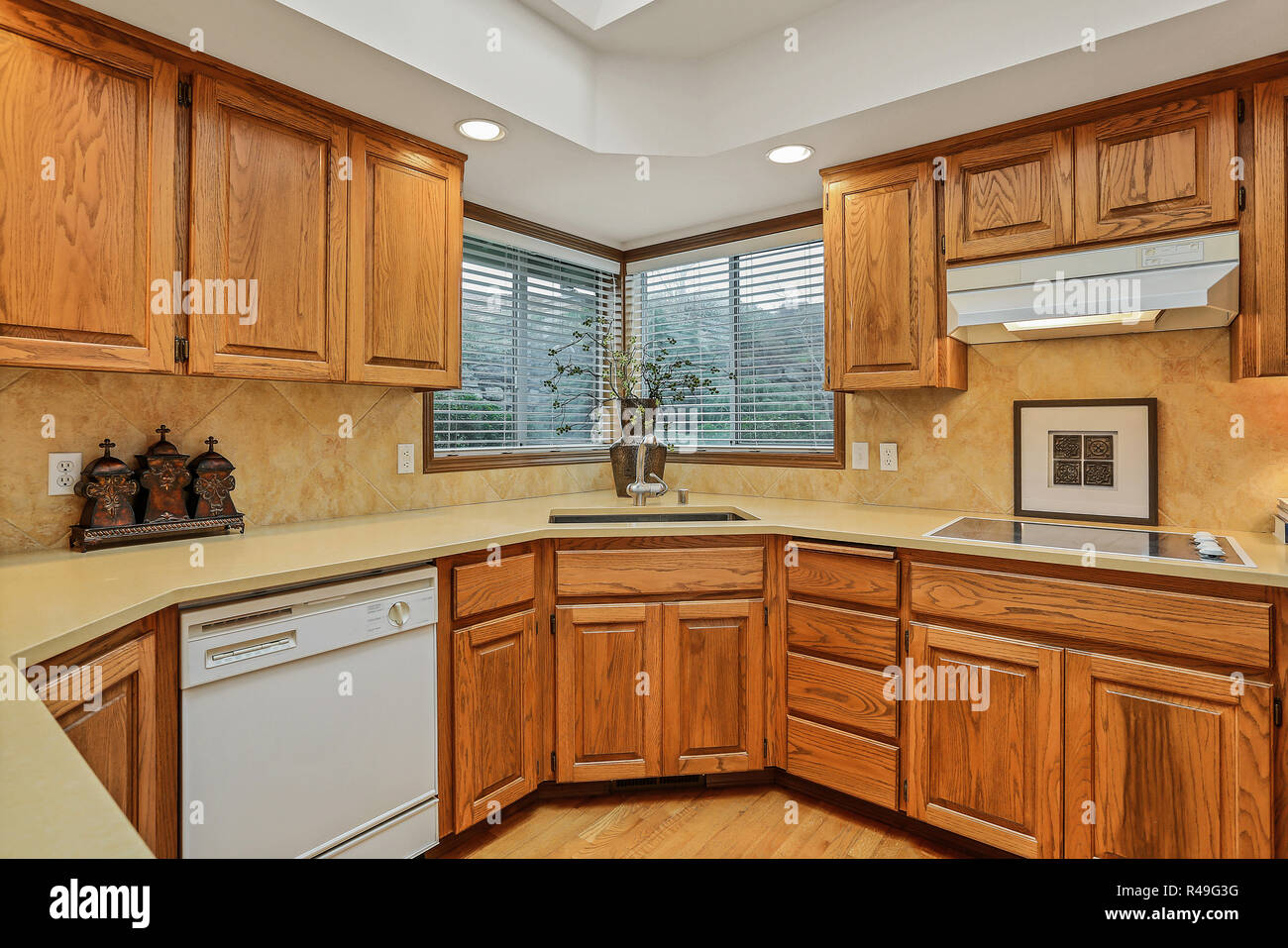 Open Large Kitchen Interior With Vaulted Ceiling And White