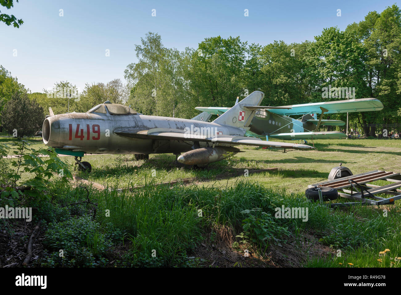 1960s soviet russian jet fighter, view of a Warsaw Pact era jet fighter aircraft displayed in a field in the Poznan Museum of Armaments, Poland. Stock Photo
