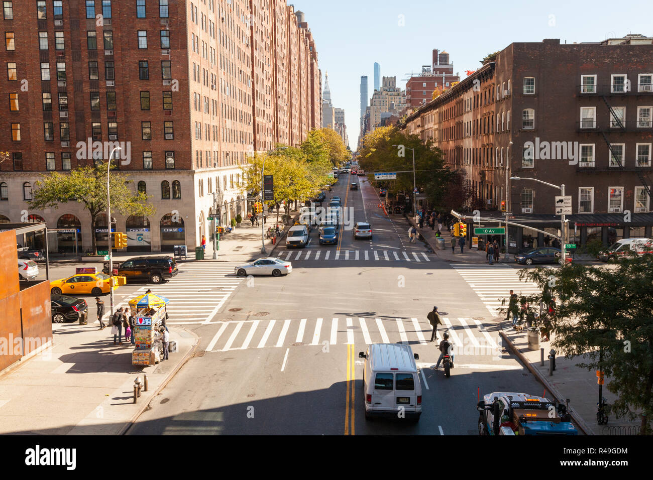 West 23rd Street and 10th Avenue photographed from the High Line park, Chelsea, New York City, United States of America. Stock Photo