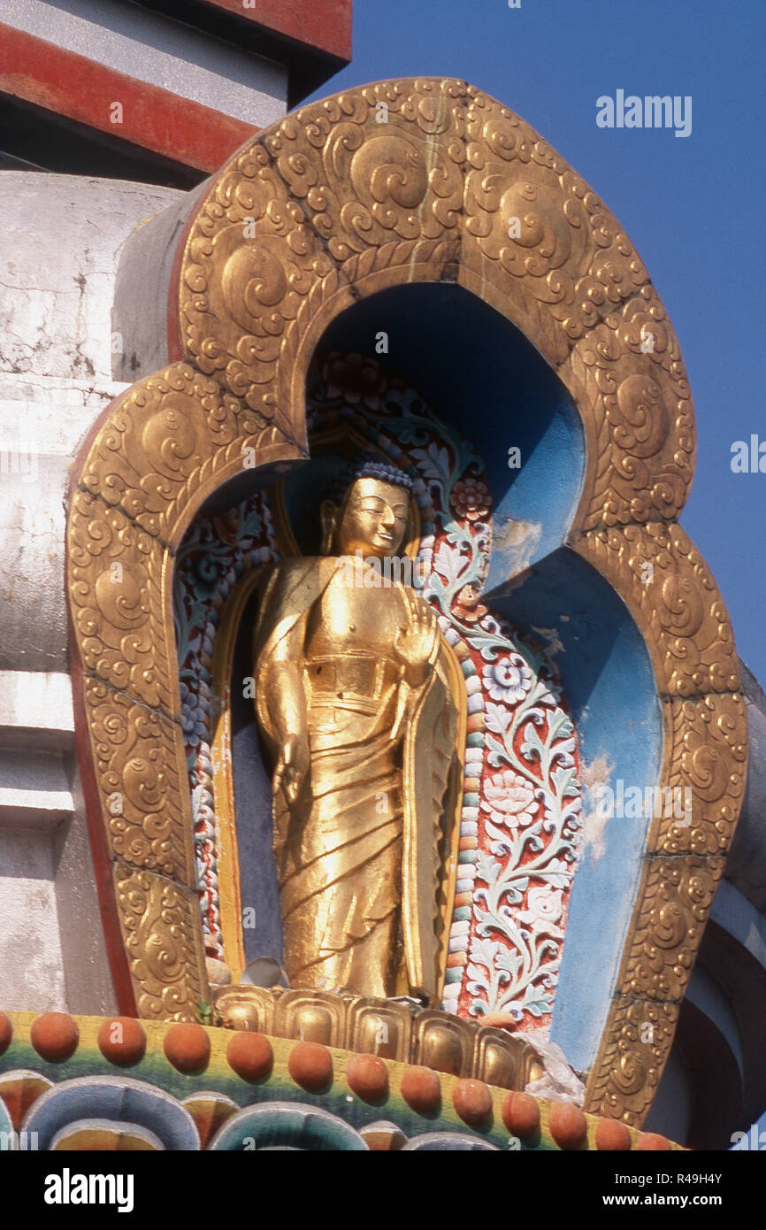 View of gilded buddha, Tibetan Monastery, Bodh Gaya, Bihar, India, Asia Stock Photo