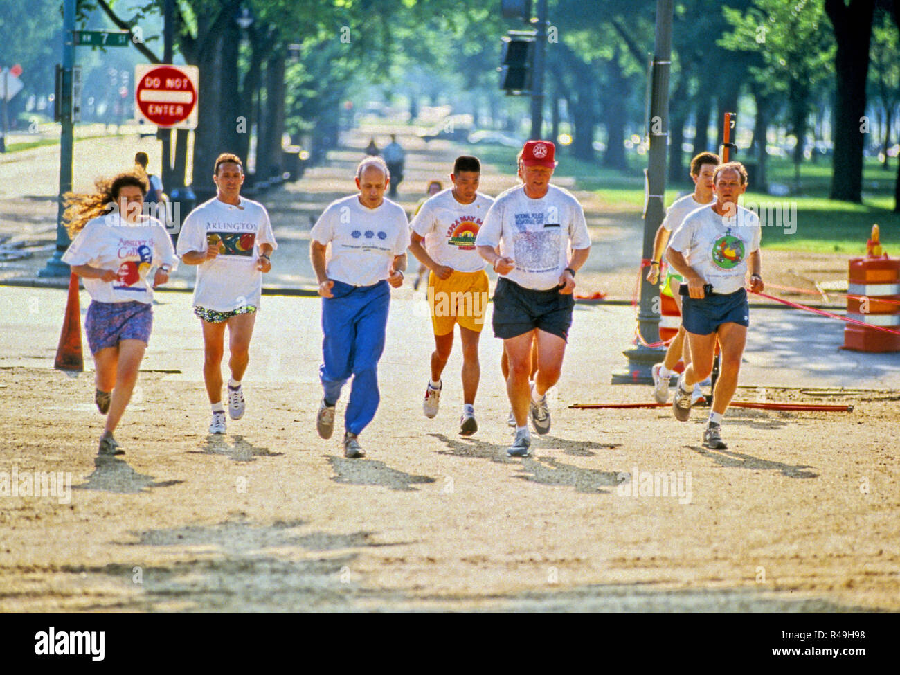 Washington, District of Columbia, USA. 16th May, 1994. United States President Bill Clinton, third right, goes jogging with Chief Judge Stephen Breyer, of the US Court of Appeals for the First Circuit, third left, along the Mall in Washington, DC on May 16, 1994. The President nominated Judge Breyer to be Associate Justice of the Supreme Court to replace Justice Harry Blackmun, who is retiring. Judge Breyer's daughter is at the far left Credit: Jeff Markowitz/CNP/ZUMA Wire/Alamy Live News Stock Photo