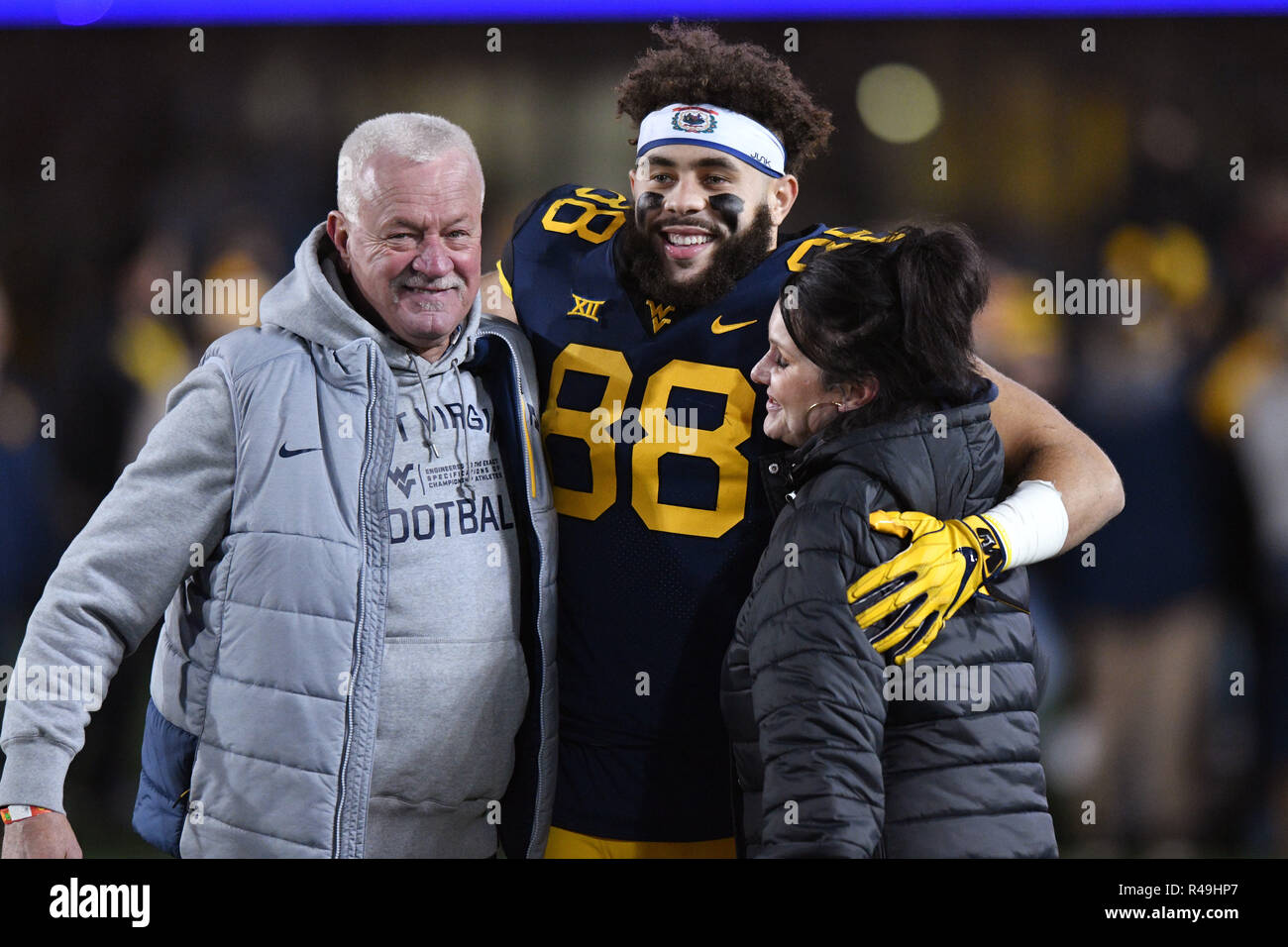 Morgantown, West Virginia, USA. 23rd Nov, 2018. West Virginia Mountaineers tight end TREVON WESCO (88) is introduced, with his family, on senior night prior to the Big 12 football game played at Mountaineer Field in Morgantown, WV. Oklahoma beat WVU 59-56 to secure a spot in the Big 12 Championship game. Credit: Ken Inness/ZUMA Wire/Alamy Live News Stock Photo