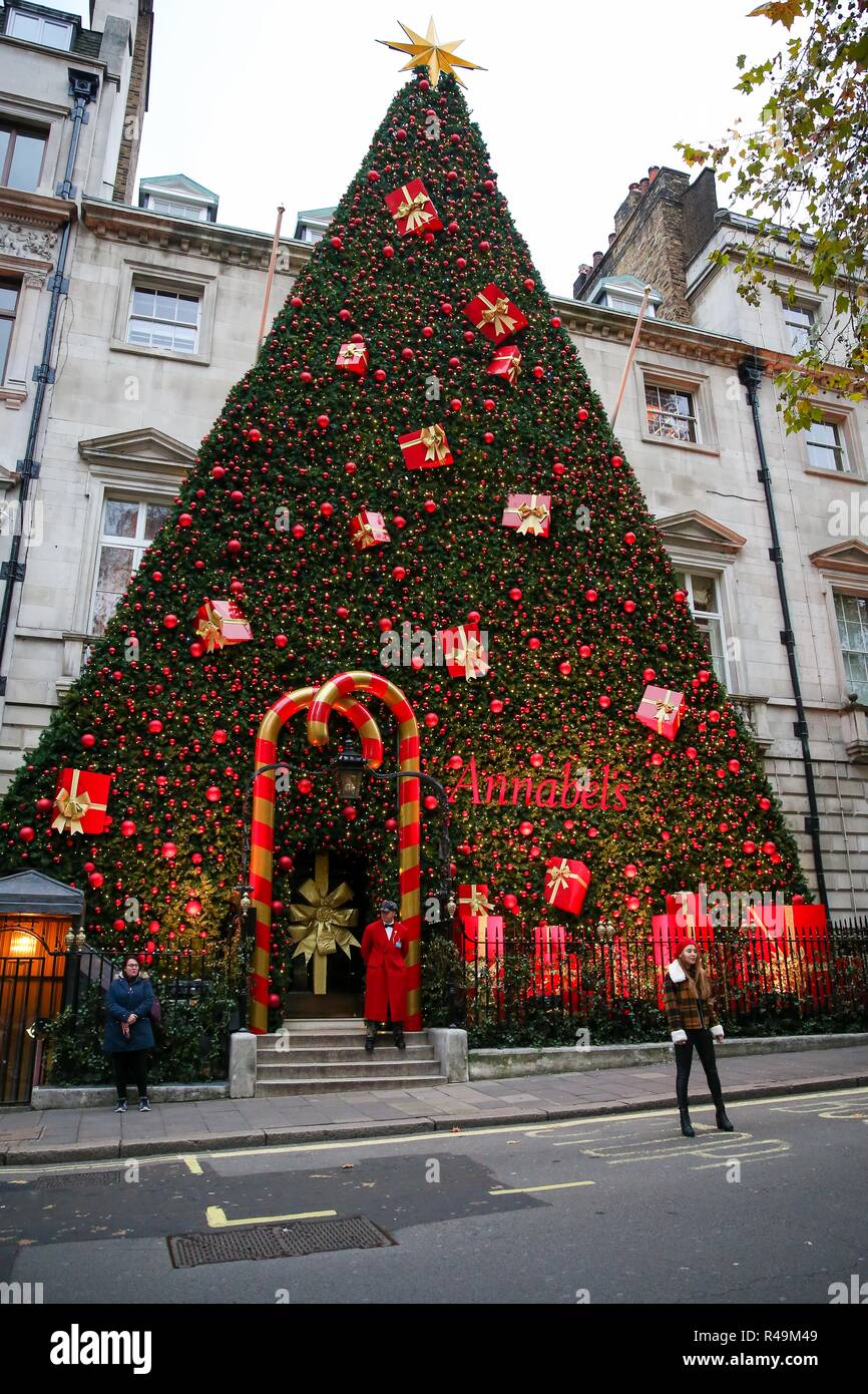 A Christmas tree decorated with presents and lights is seen outside Annabel's Ð a Birley Club in Mayfair. Stock Photo