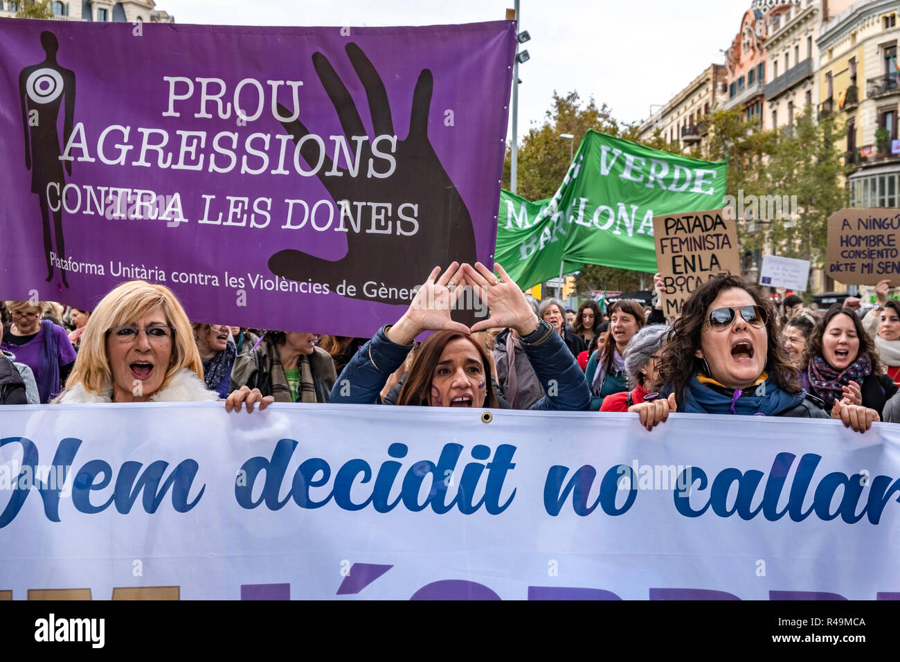 Women seen shouting slogans during the demonstration. Thousands of people have taken to the streets in Barcelona on the occasion of the International Day for the Elimination of Violence against Women. Stock Photo