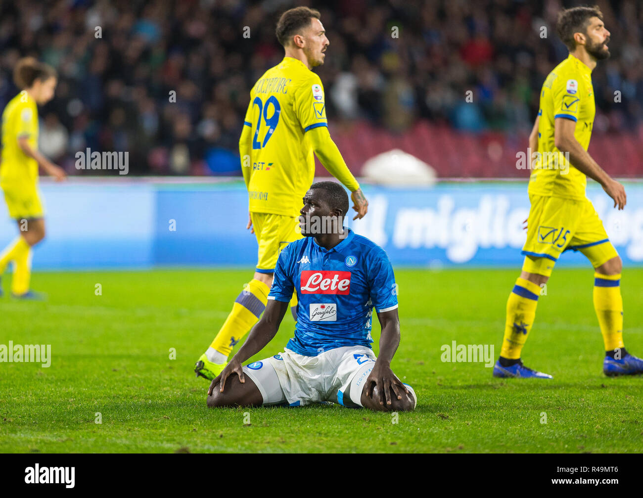 Kalidou Koulibaly of SSC Napoli seen reacting during the SSC Napoli vs A.C. Chievo Serie A football match at the San Paolo Stadium. (Final score; SSC Napoli 0:0 Chievo ) Stock Photo