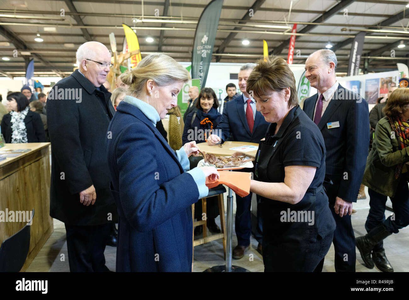 Royal Welsh Showground, Builth Wells, Powys, Wales, UK - Winter Fair - Monday 26th November 2018 - HRH The Countess of Wessex visits the Royal Welsh Winter Fair - Sophie seen here being offered some freshly cooked Welsh lamb - Photo Steven May / Alamy Live News Stock Photo