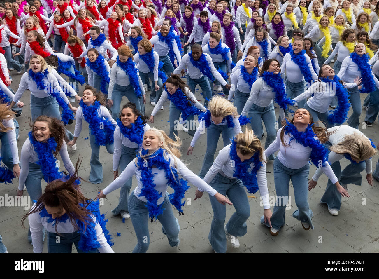 London, UK. 26th Nov 2018. 324 dancers in Mamma Mia! Here We Go Again inspired outfits break the world's largest disco dance record. Credit: Guy Corbishley/Alamy Live News Stock Photo