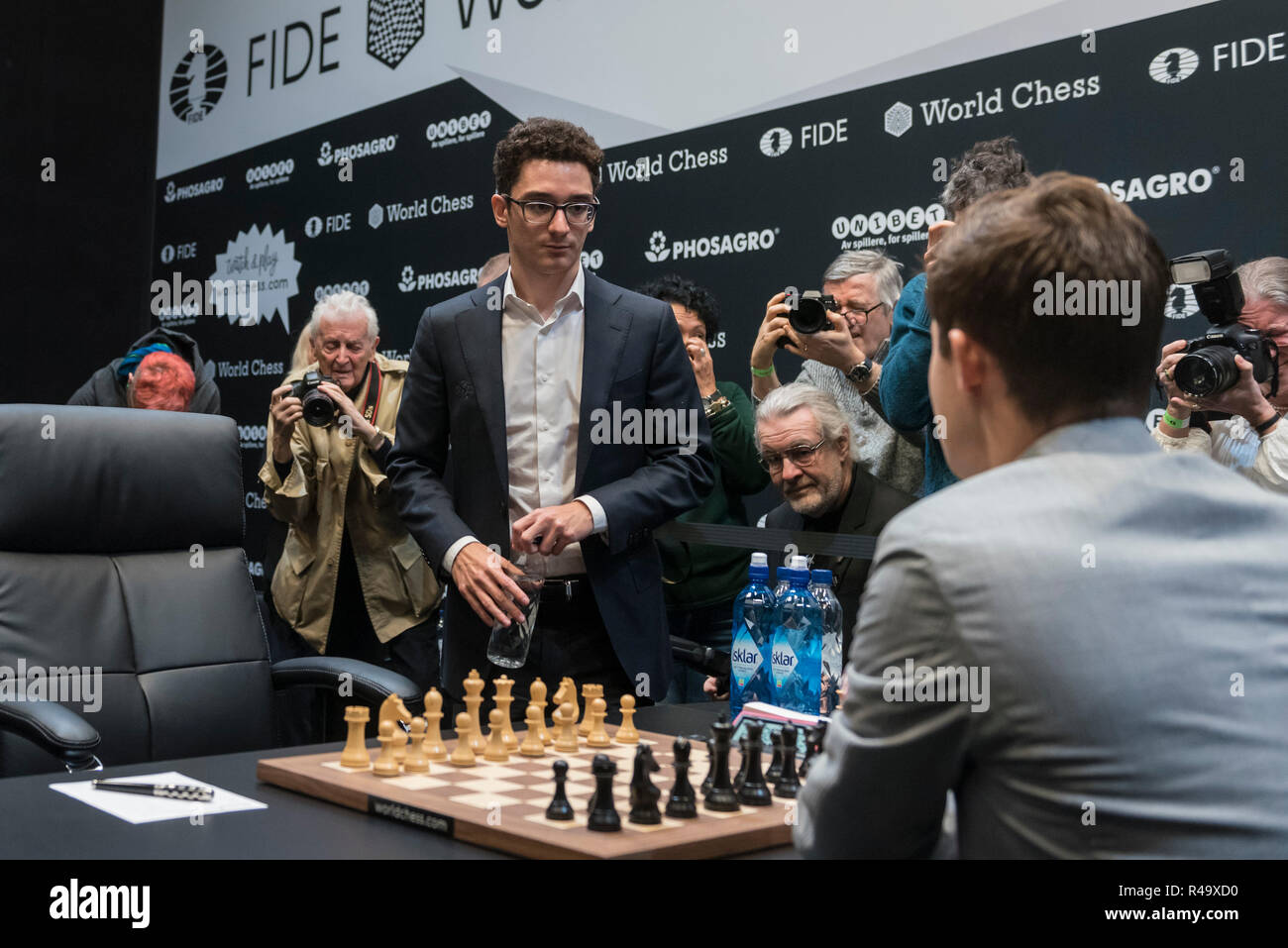 Reigning FIDE world chess champion Magnus Carlsen (right), defends his  title against US challenger Fabiano Caruana, during the first game of the  FIDE World Chess Championship at The College, Southampton Row in