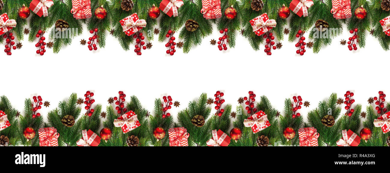 Christmas tree branches on white background as a border Stock Photo