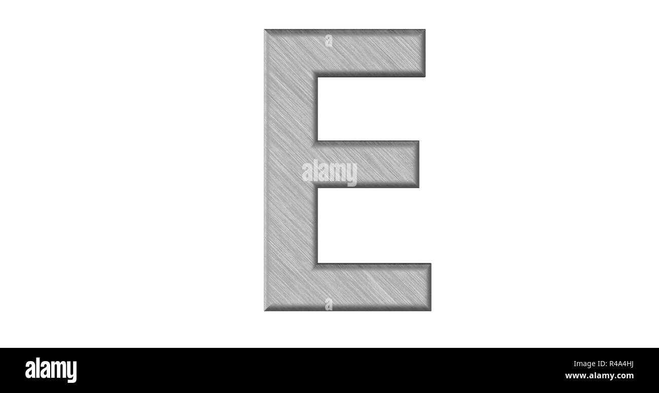 3d rendering of the letter E in brushed metal on a white isolated background Stock Photo