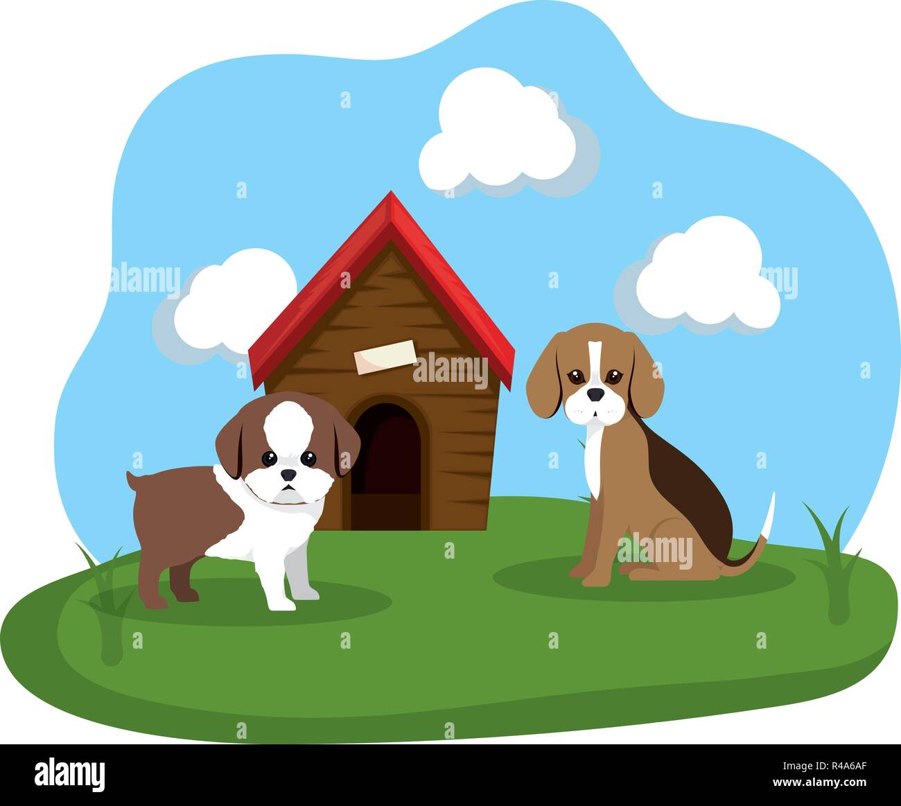 cute dogs with house wooden in the grass vector illustration design ...