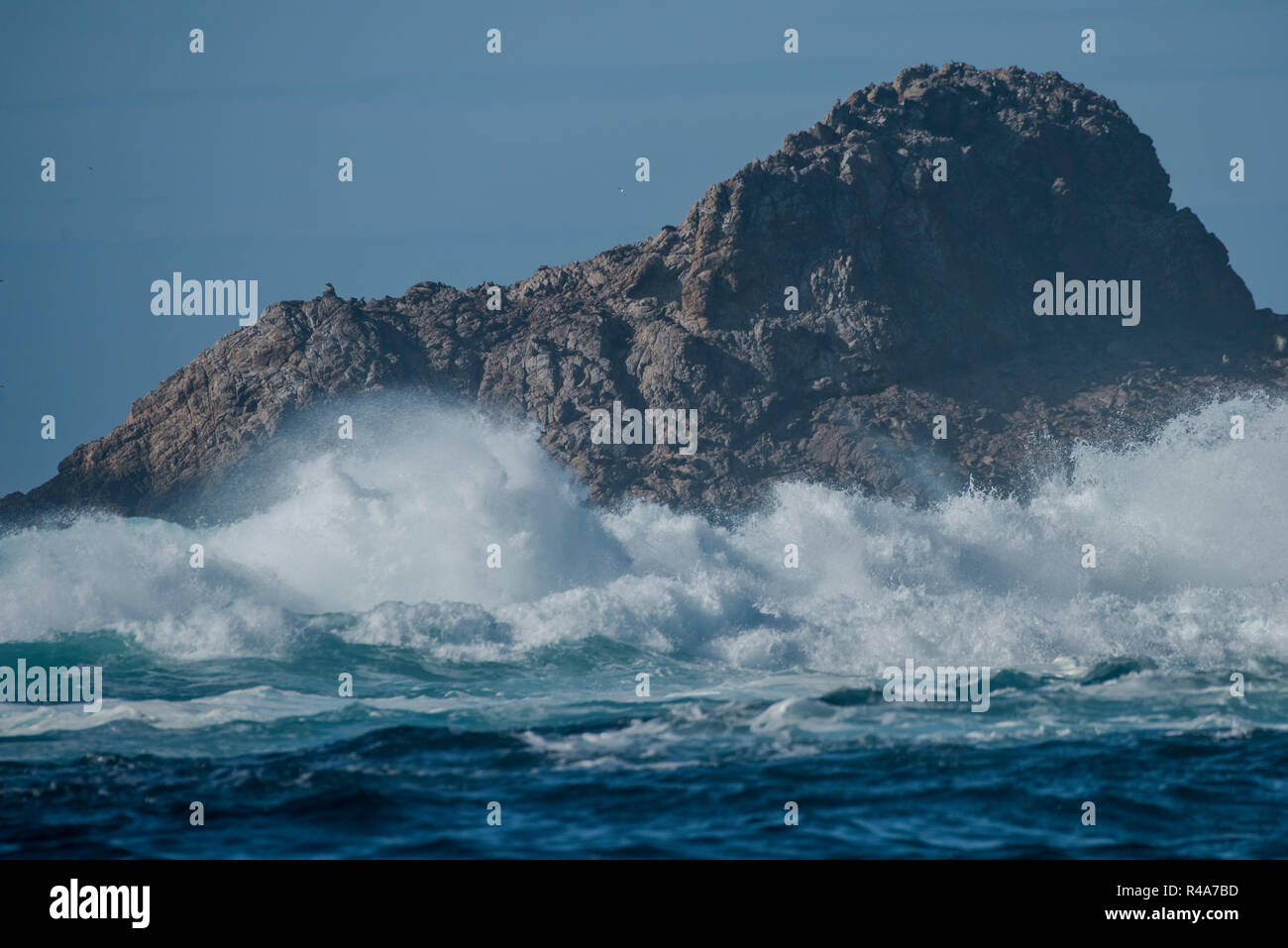 The shore of the Farallon islands during a winter storm with big waves roaring in and smashing against the shoreline. Stock Photo