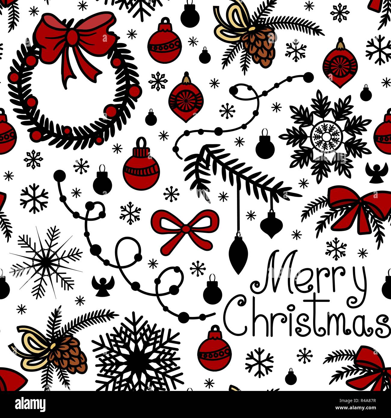 Christmas background in hand drawn doodle style. Red and black colors ...