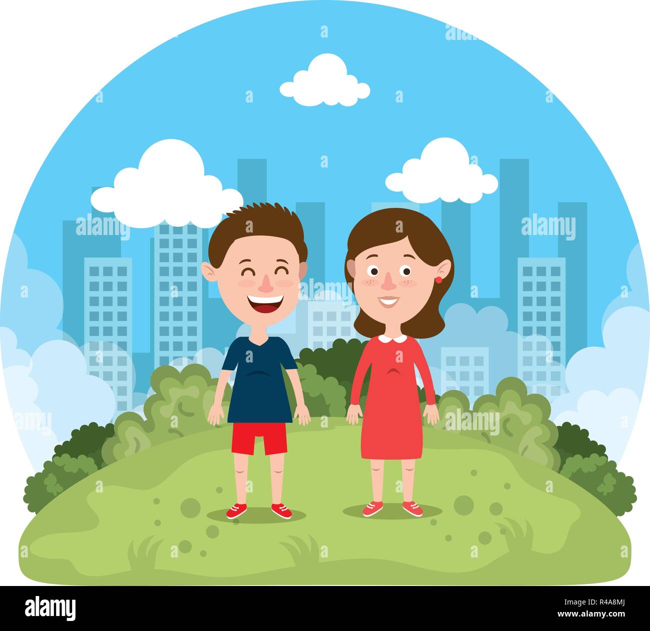 cute little kids couple in the park vector illustration design Stock ...
