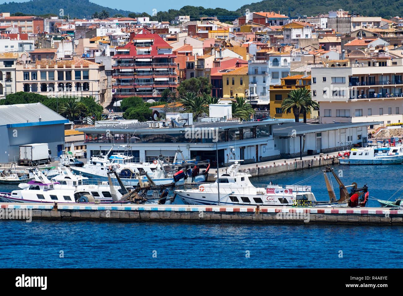 hotels and apartments around the harbor, marina at palamos, girona, costa brava, spain, catalonia, Stock Photo