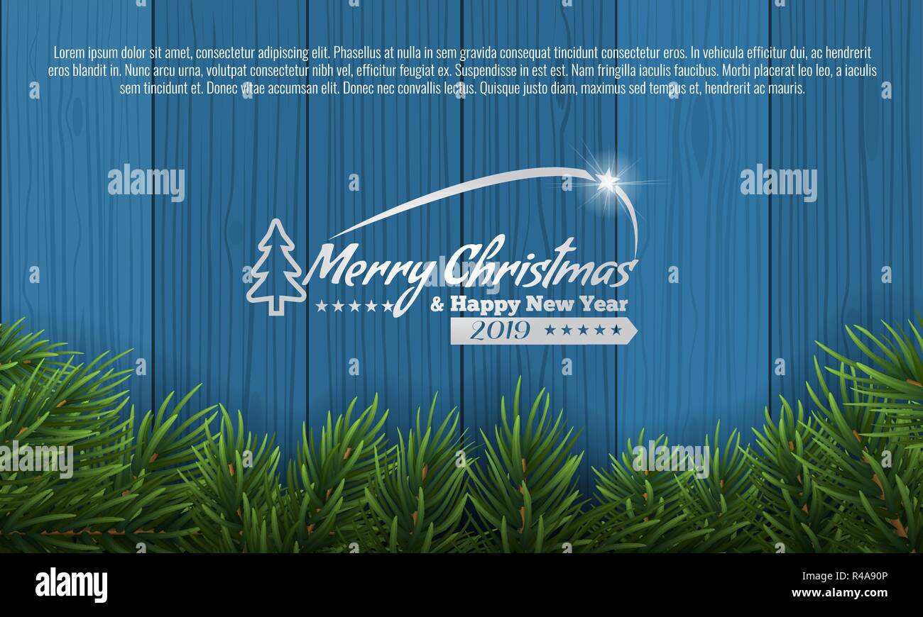 Christmas with fir branch border frame on bottom of blue wooden ...