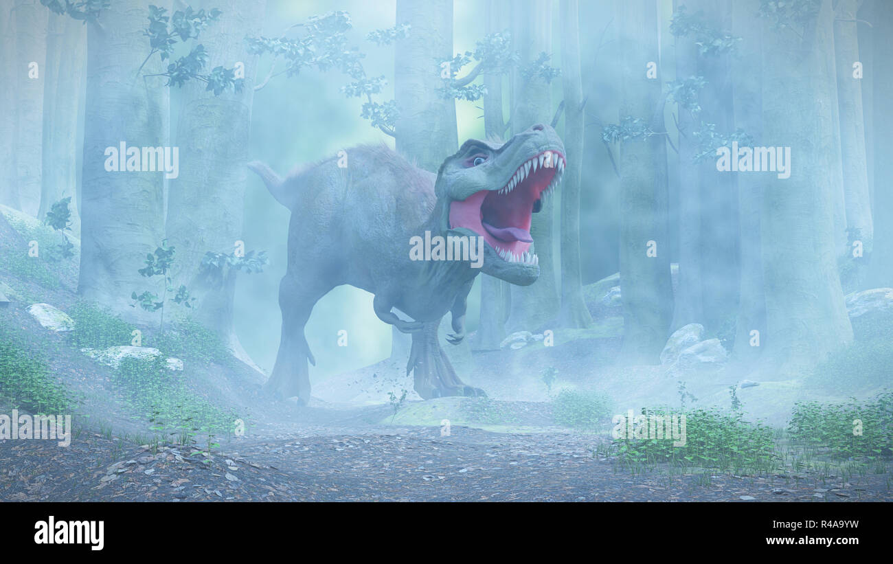 t rex, tyrannosaurus rex dinosaur walking through a foggy forest Stock Photo