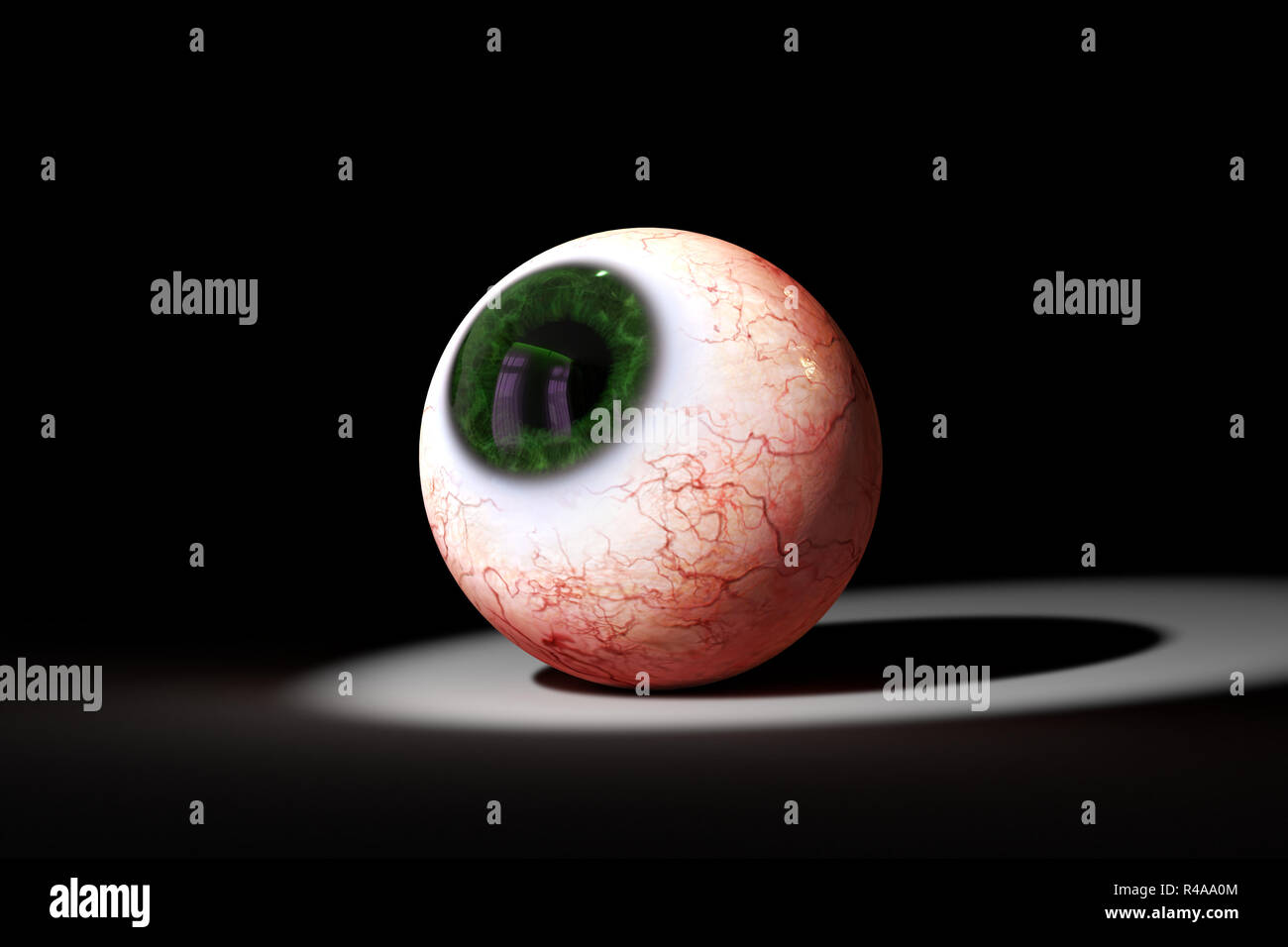 realistic human eyeball with green iris looking into a spotlight (3d illustration) Stock Photo
