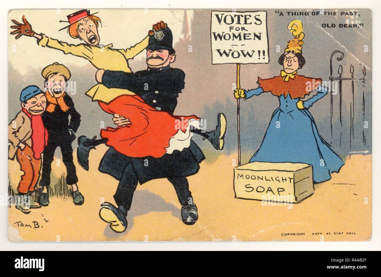 Original Edwardian era comic cartoon postcard (anti-Suffragette theme). The sign reads 'votes for women wow!!', The caption reads 'a thing of the past old dear', cartoon illustration by Tom Browne, England, U.K. posted , dated 1907 Stock Photo