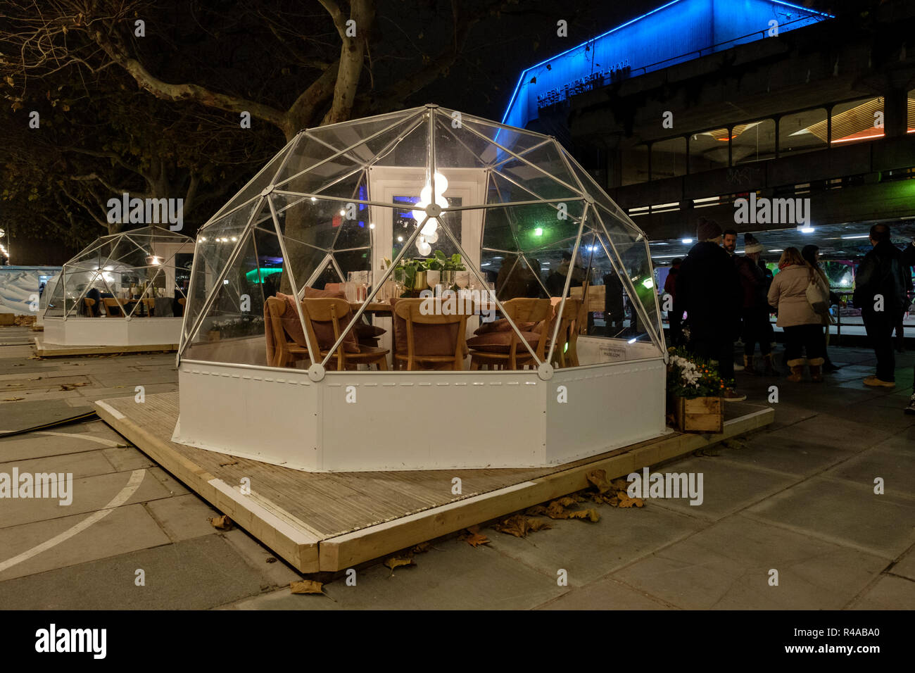 Pop-up private dining 'pods' / Igloos in front of the Queen Elizabeth Hall, South Bank, London, England Stock Photo