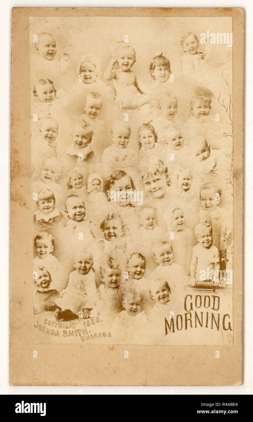 Original very strange and slightly spooky Victorian Carte de Visite (CDV) greetings card, albumen print - composite image of many babies, inscribed 'good morning' and dated 1880, copyright of Joshua Smyth, Chicago, U.S.A. dated 1880 Stock Photo
