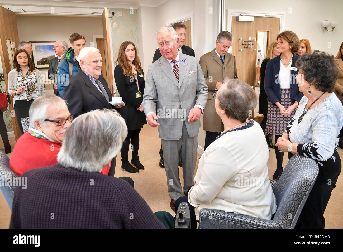 The Prince of Wales chats with residents at Yarlington Housing Group's new Extra Care housing development in Poundbury, Dorset, where he is opening the development and Dorchester Community Church. Stock Photo