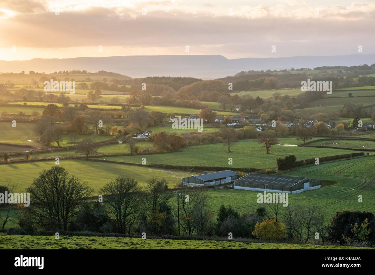 A view over Monmouthshire countryside towards the Black Mountains beyond, South Wales. Stock Photo