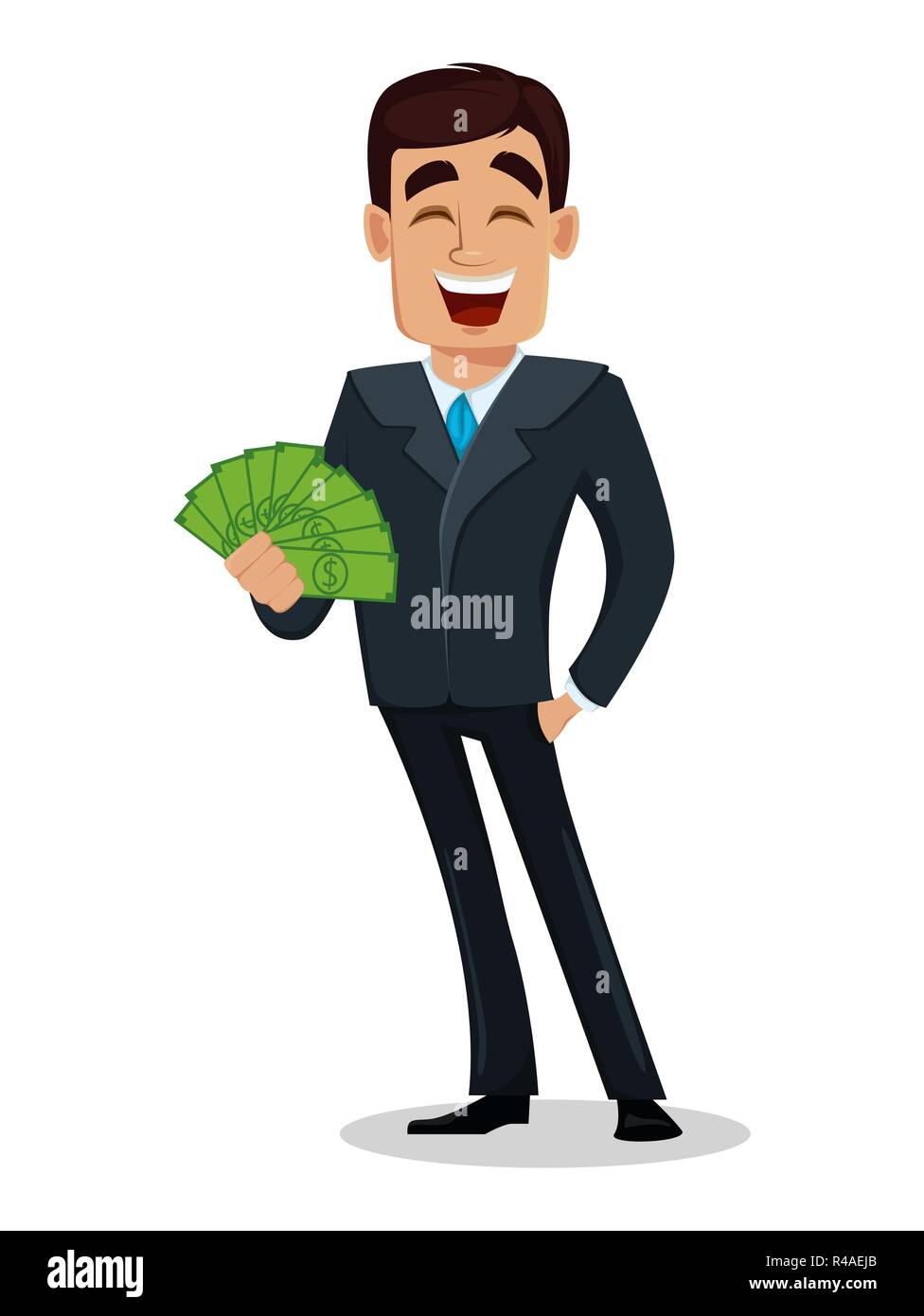 Business man cartoon character in formal suit. Handsome businessman holds money. Manager, banker. Vector illustration Stock Vector