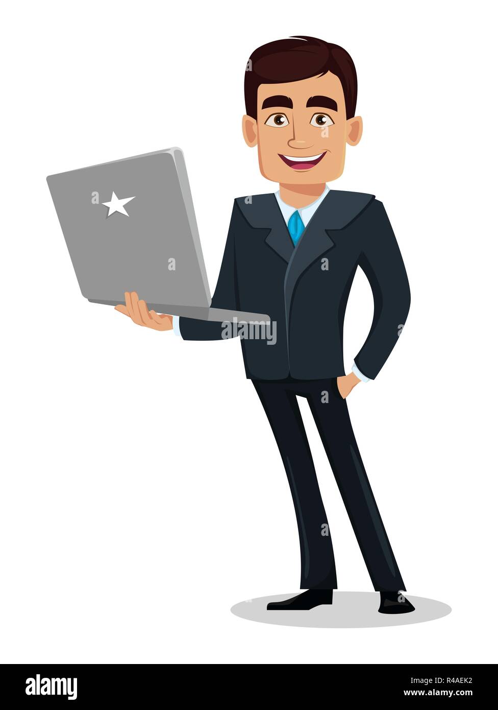 Business man cartoon character in formal suit. Handsome businessman holds  modern laptop. Manager, banker. Vector illustration Stock Vector Image &  Art - Alamy