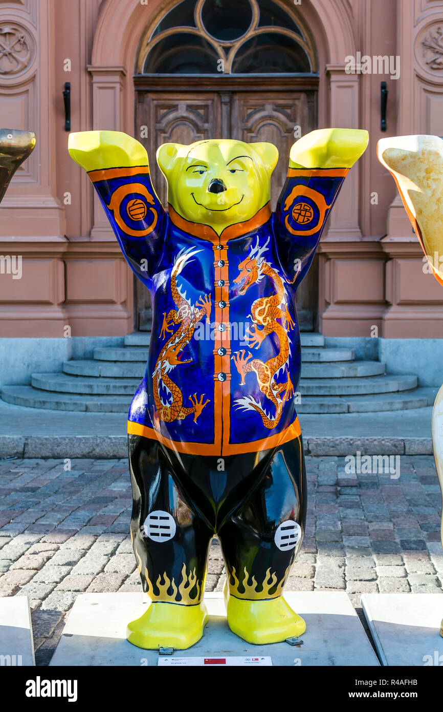 China bear at United Buddy Bears international art exhibition (Artist: Xiuguo Dong). The exhibition promotes peace, love, tolerance. Stock Photo