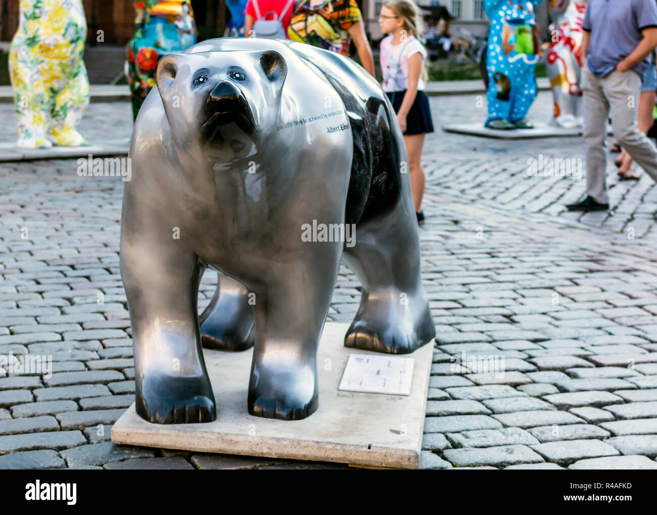 Riga, Latvia - July 15, 2018: 'Einstein' bear at United Buddy Bears international art exhibition (Artist: Lubomir Vavro). Stock Photo