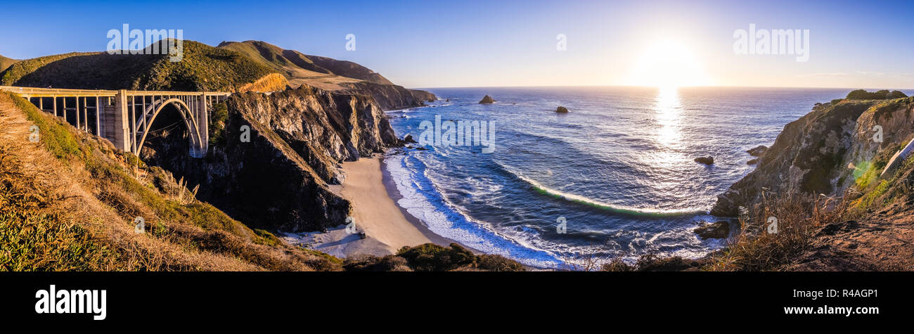 Panoramic view of Bixby Creek Bridge and the dramatic Pacific Ocean ...