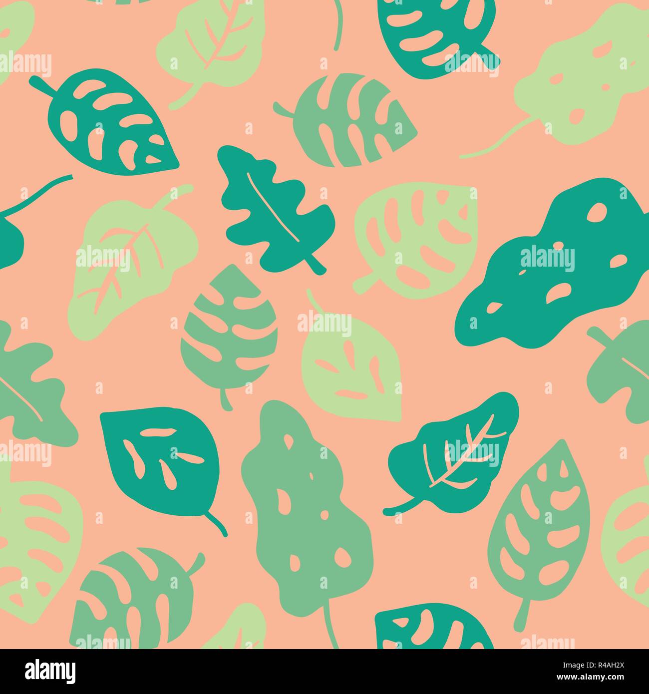 Leaves seamless vector background. Leaves in shades of green on a pink