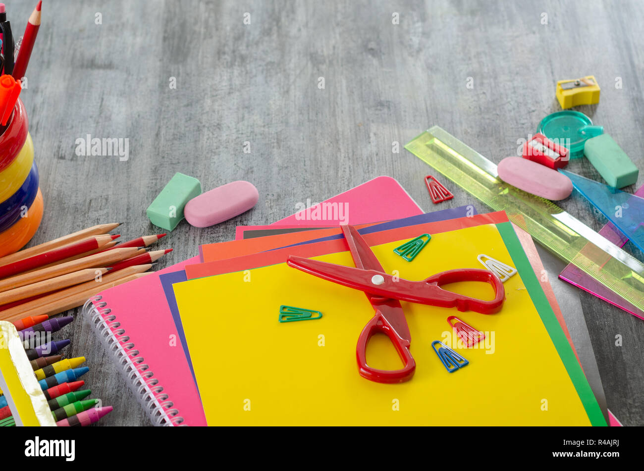 Back to school concept. School materials on wooden table for student