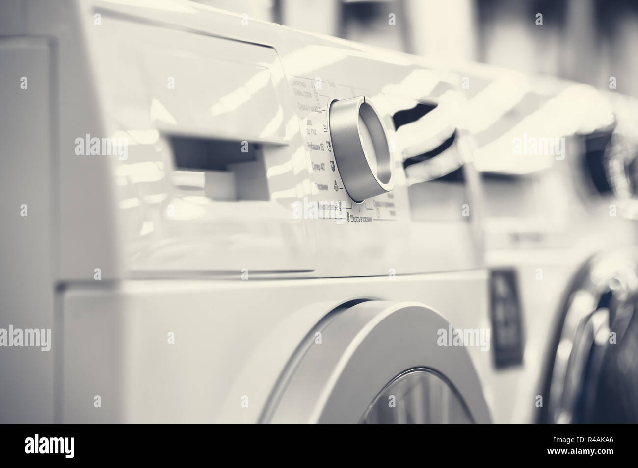 washing mashines closeup in appliance store Stock Photo