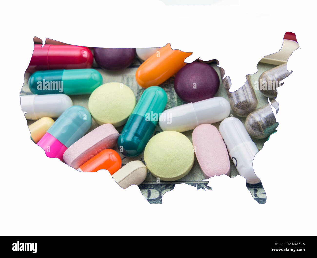 Map Silhouette United States in white, medication and vials, conceptual image Stock Photo