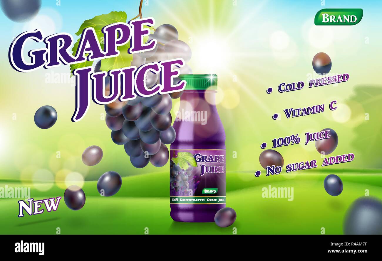 Grape juice bottle with sunny background on green grass. Juice