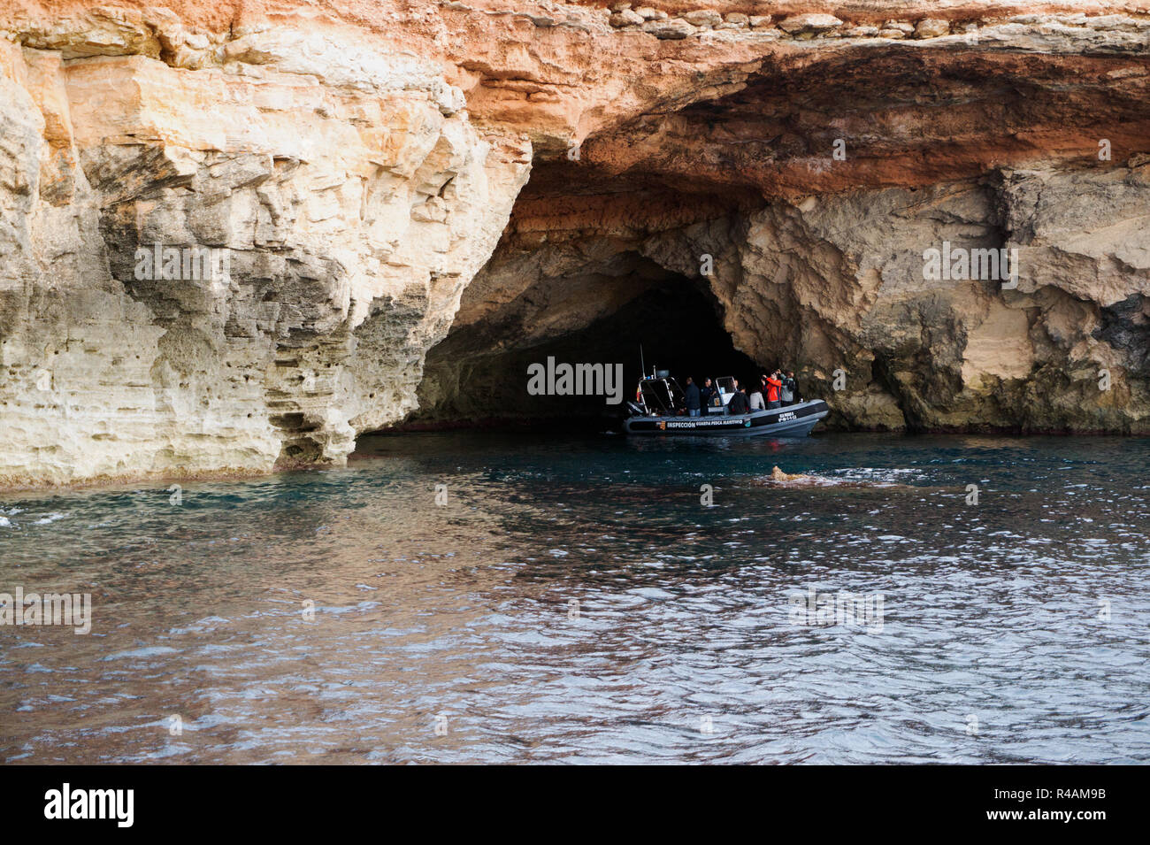 Ranger boat in Formentera Marine Reserve, Ibiza Balearic Islands Spain Stock Photo