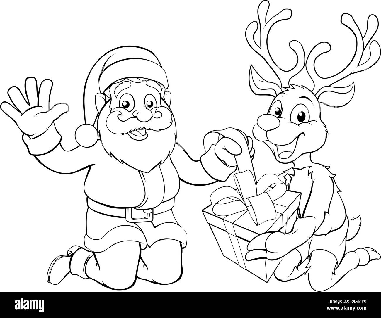 Santa and his Reindeer Opening Christmas Gift Stock Vector