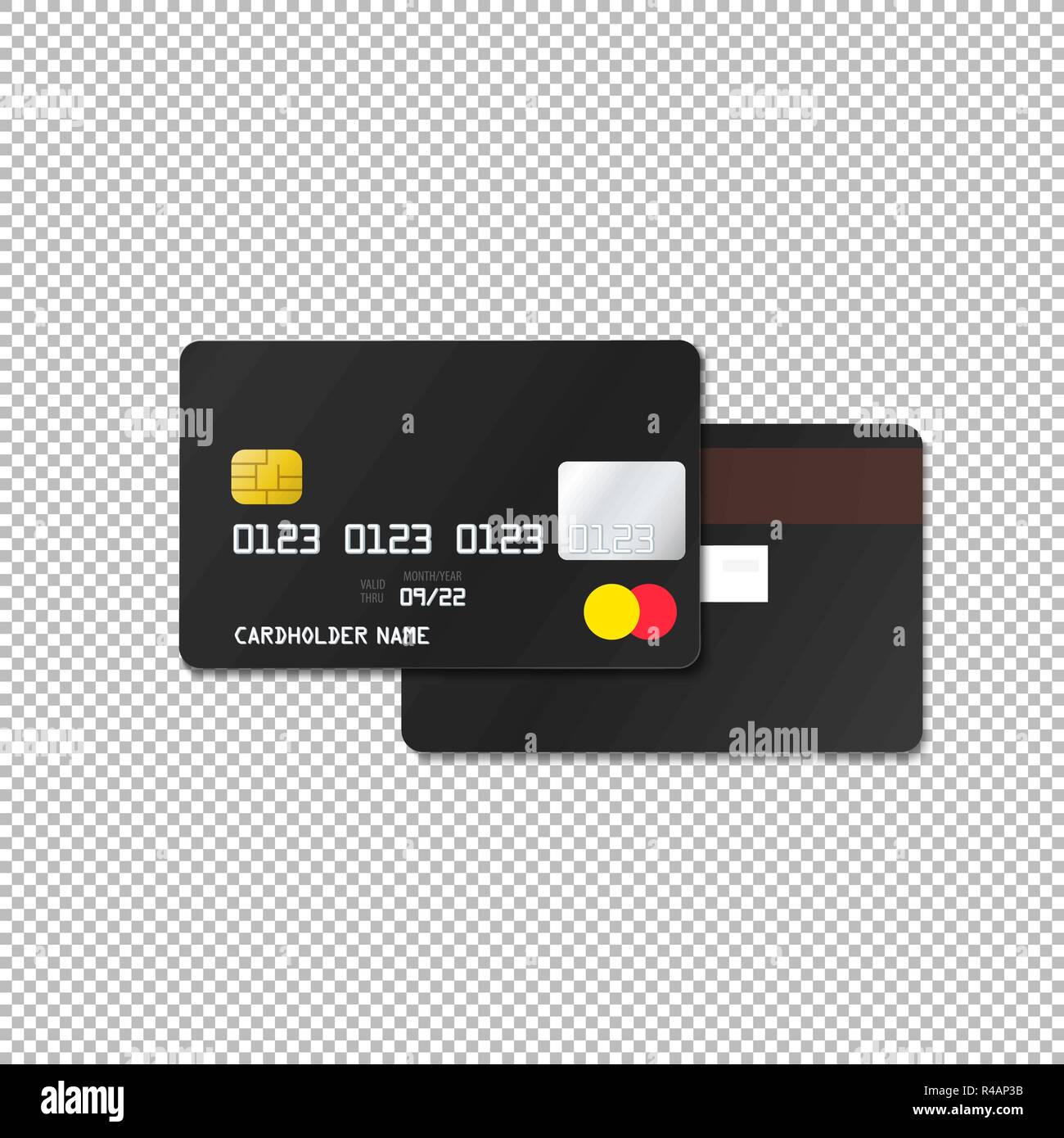 vector mock up black blank plastic bank card face and back sides illustration realistic with shadow template design isolated on transparent background Stock Vector
