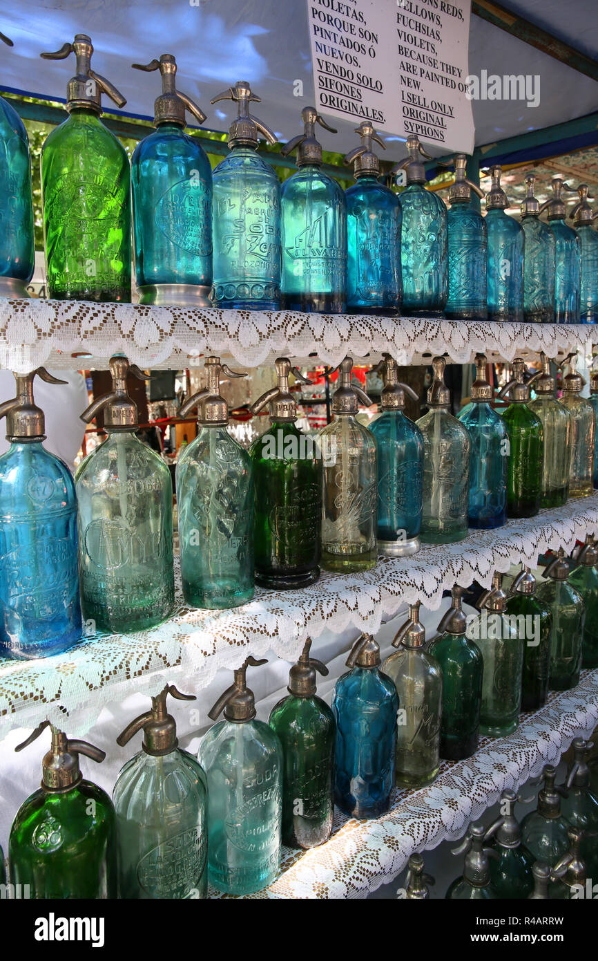 Old siphon bottles for soda, flea market of Buenos Aires Stock Photo