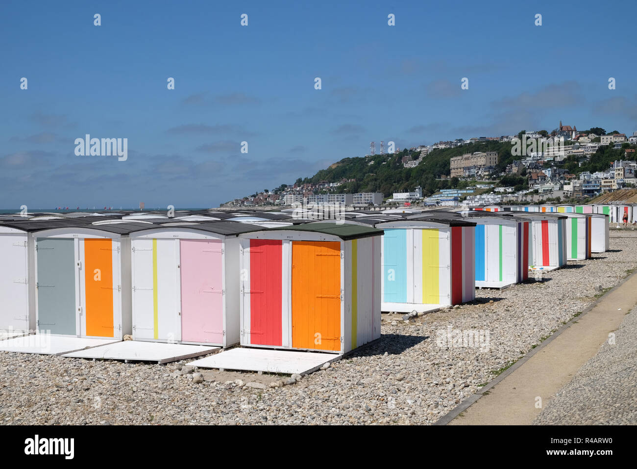 Le Havre (Normandy, north western France): beach huts on the pebble beach Stock Photo