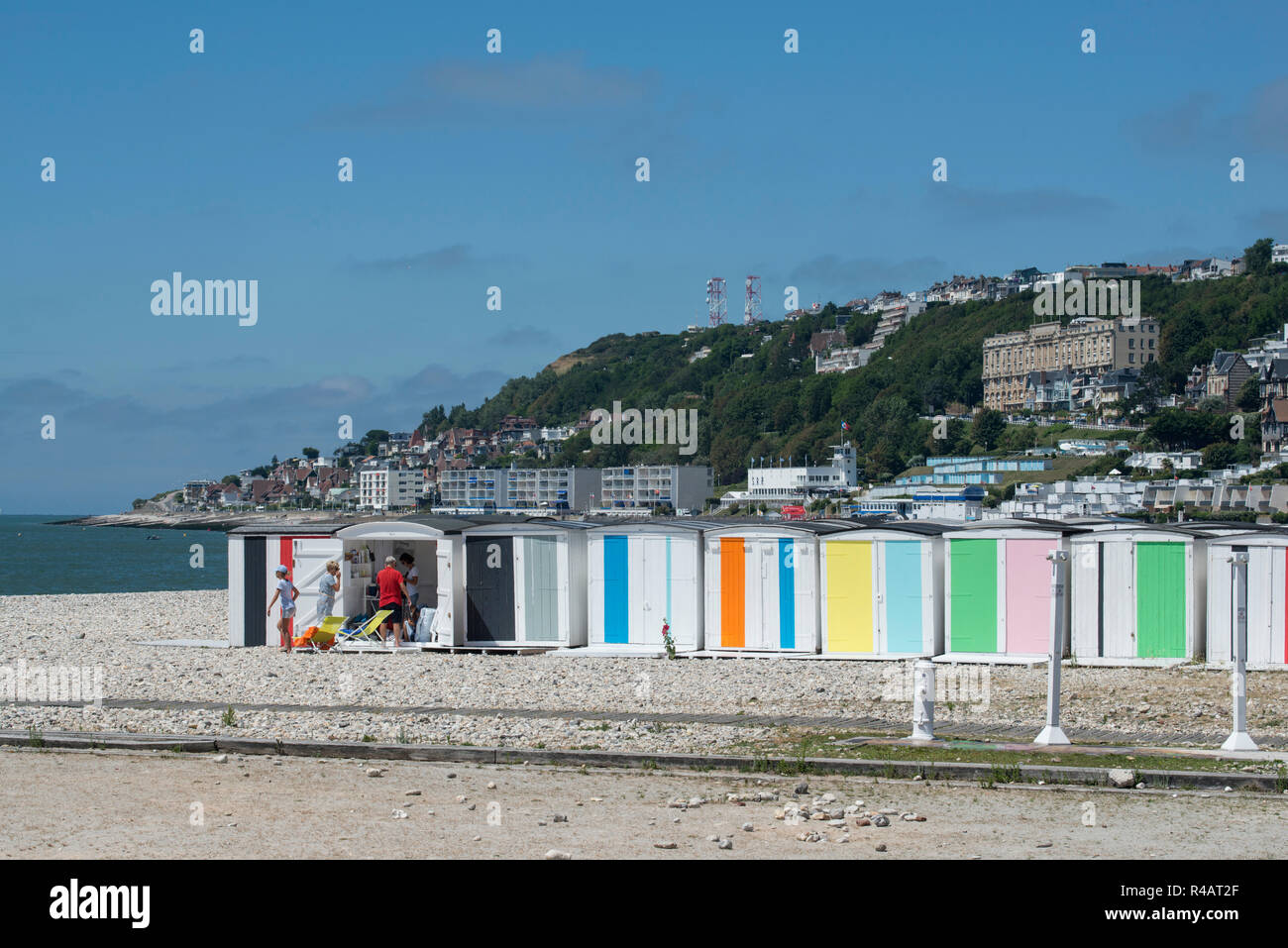 Le Havre (Normandy, north western France): beach huts on the pebble beach painted by designer Karel Martens for the festivities of the cityÕs 500th an Stock Photo