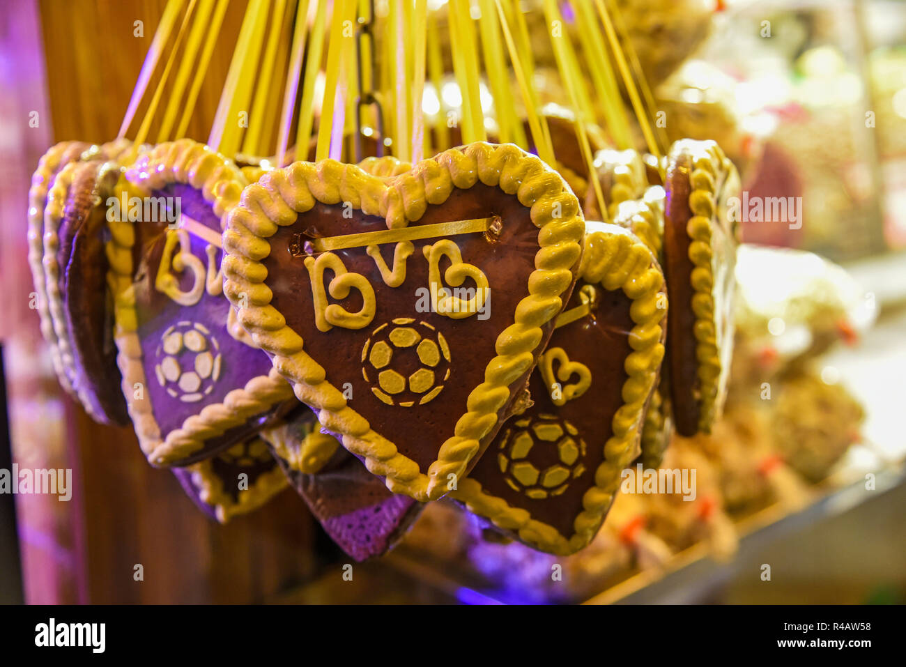 BVB, football club, soccer club, gingerbread hearts, gingerbread, christmas market, Dortmund, Ruhr district, North Rhine-Westphalia, Germany Stock Photo
