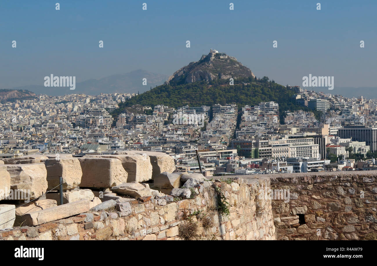 View from Acropolis to mountain Lykavittos, Athens, Greece Stock Photo