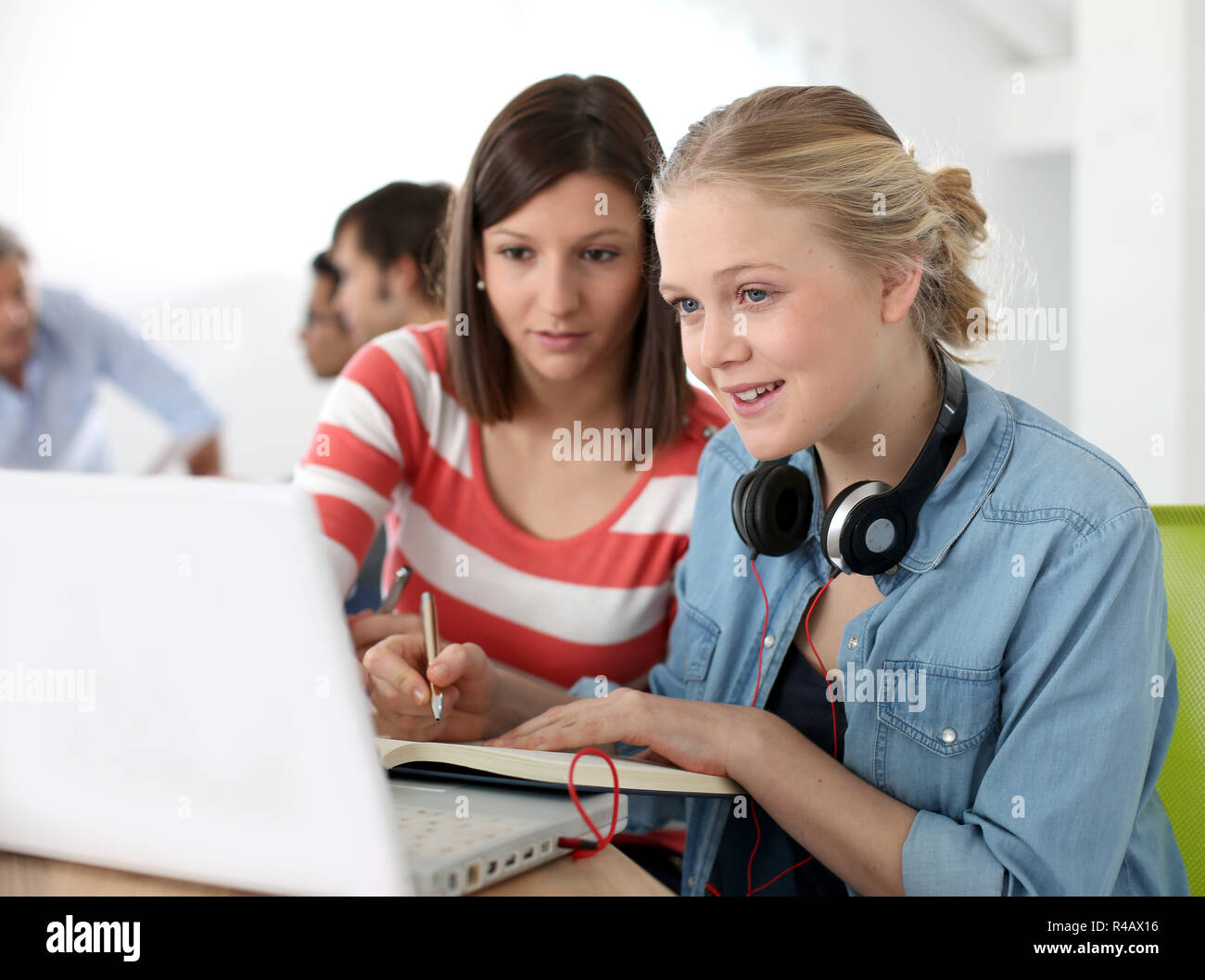 Students girls studying together on laptop Stock Photo